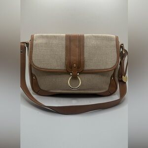 ETIENNE AIGNER Women’s Beige Canvas with Tan Leather Trim Shoulder Bag Size OS
